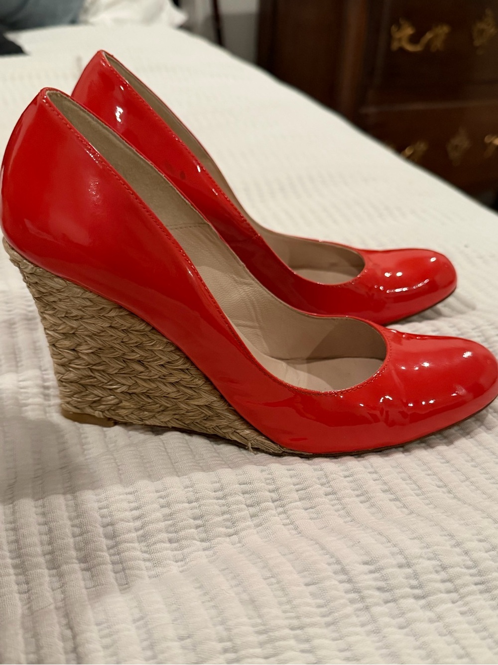L.K. Bennett Maddox Patent Leather Woven Wedge Pumps - Orange/Red - EU Size 7